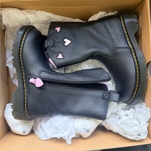Dr. Martens Kids Black Leather Boots with Pink Heart Accents